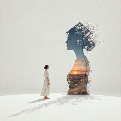 Primary subject: A woman standing in front of a tree.

Setting/background: A white background.

Visual style: Digital art.

Colors and mood: The image is in black and white, giving it a classic and timeless feel.